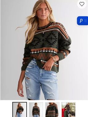 Women's Olive Aztec Crewneck Sweater with Rust Accents